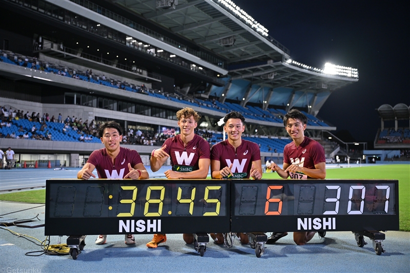 男子4×100mRで日本学生新記録！ アンカーで逆転Vの早大が38秒45、2位東洋大は38秒47／日本IC